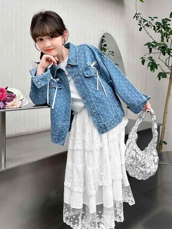子供服 ジャケット 女の子 デニム 春秋 ブルードット 水玉 襟付き 長袖 かわいい おしゃれ 韓国風 ショート丈 アウター ガールズ キッズ ジュニア 普段着 通学着