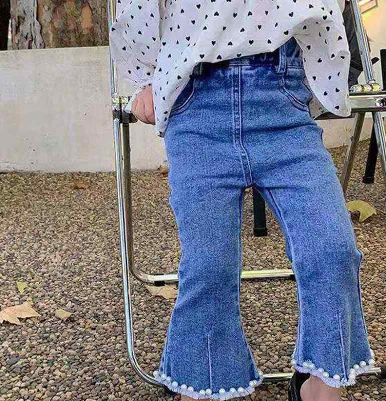 キッズ デニム パンツ 春秋 高腰 女の子 パール付き ラッパパンツ 子供服 ブルージーンズ かわいい おしゃれ 80cm 90cm 100cm 110cm 120cm 130cm
