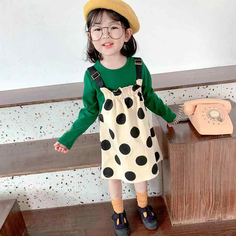 Girls' long-sleeved top and polka-dot skirt set for autumn/winter, ages 3, 4, 5, 6, 7, and 8. 95% cotton.