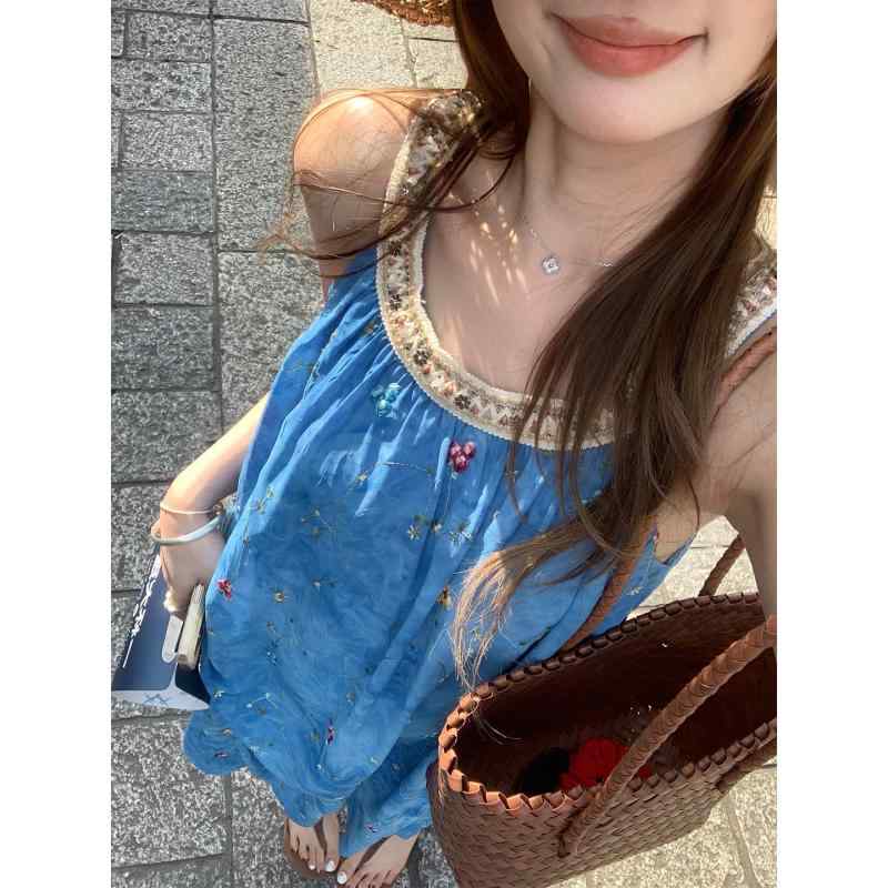 ワンピース レディース マヨルカ ホリデー 立体刺繍 織テープ 刺繡 Aライン 膝下丈 ノースリーブ 海 リゾート 中国風 海洋ブルー(4.0)