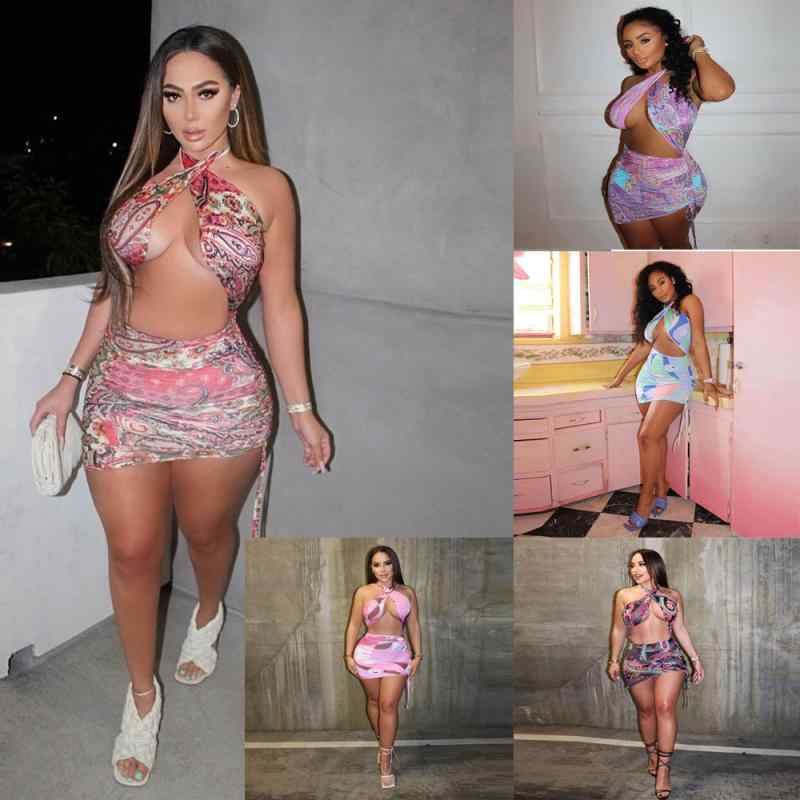 ワンピース レディース セクシー プリント柄 ホルターネック ミニ丈 膝上丈 エレガント パーティー 浅ブルー パープル系 ローズピンク ピンク ブラックパープル