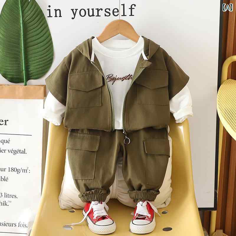 子供用 アウター 上下セット 3点セット ベビー服 カジュアル 長袖 トップス 長ズボン 春秋 80 90 100 110 120cm かわいい オリーブグリーン ブラック カーキ
