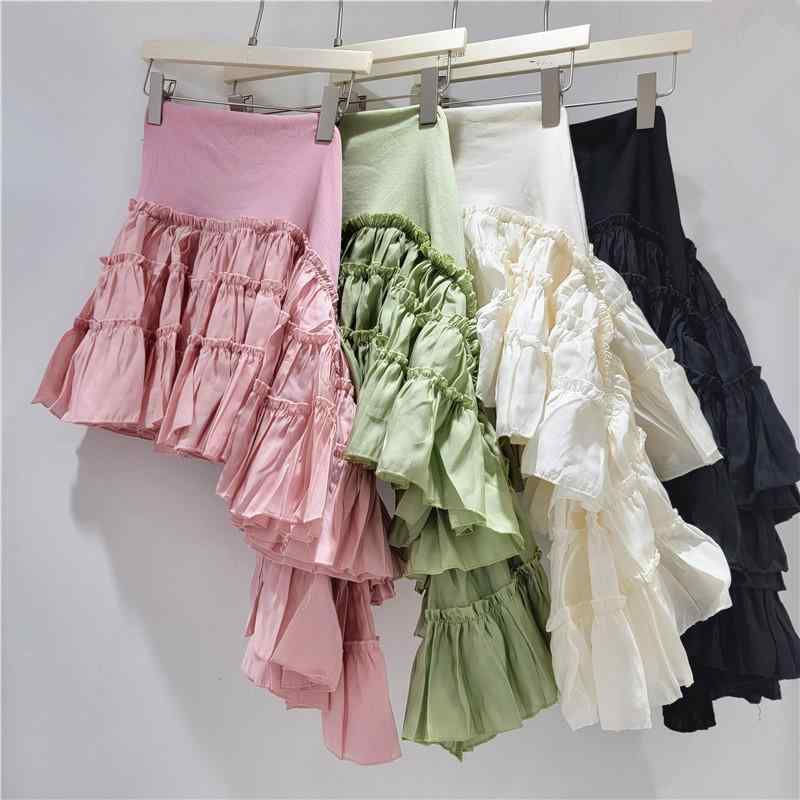スカート レディース 不規則スカート アシンメトリー 巻きスカート ティアード フリル ギャザー ポリエステル 普段使い 通勤 エレガント かわいい 春夏 グリーン ベージュ ブラック ピンク系(4.0)