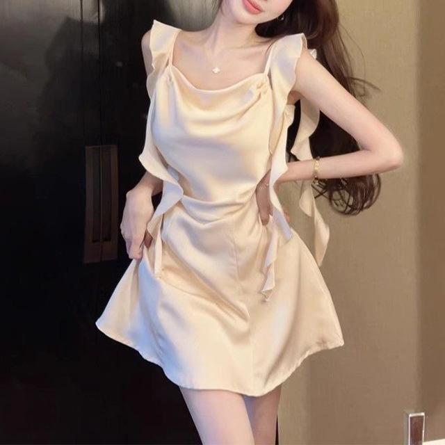 ワンピース レディース Aライン シャンパンゴールド 浅ブルー キャミソールワンピース 接触冷感 高見え パーティードレス 結婚式 二次会 お呼ばれ 高腰 飘带