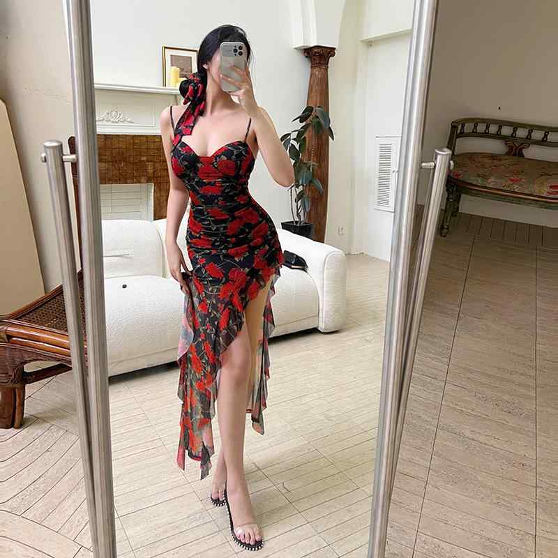 ワンピース レディース 春夏 Vネック 不規則 ミモレ丈 花柄プリント キャミソールワンピース セクシー 高見え リゾート パーティードレス 赤 ブルー