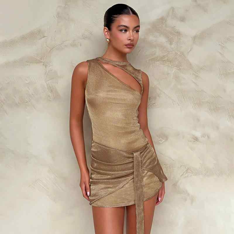 ワンピース レディース ノースリーブ 無地 接触冷感 高見え スリムフィット エレガント 飘带 高腰 ミニワンピース ポリエステル ゴールド シルバー 上品 パーティードレス キャバドレス