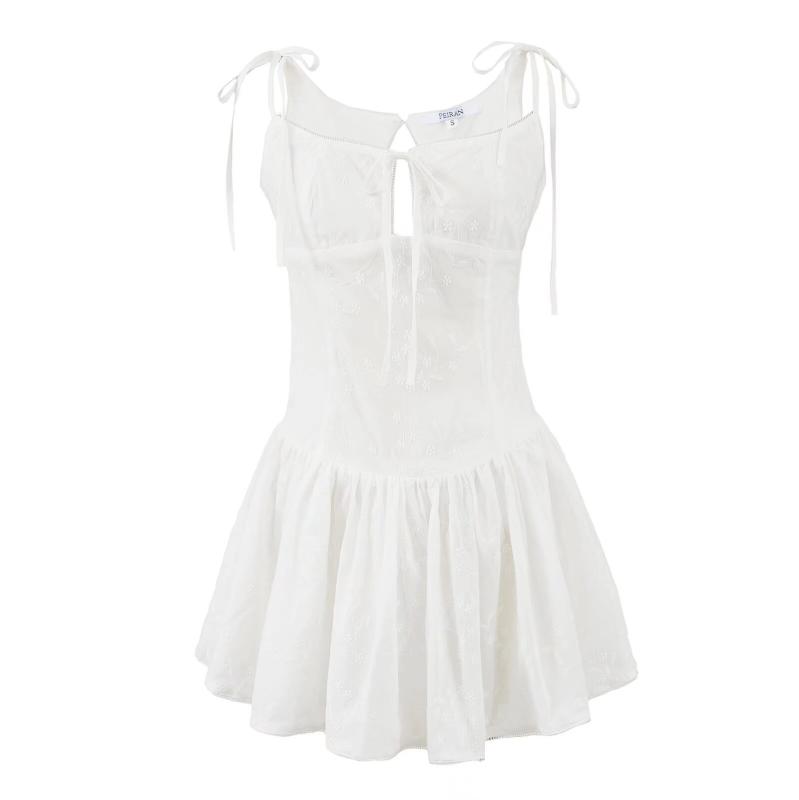 ワンピース レディース 蝶結び 刺繡 キャミソール Aライン ミニワンピース 高腰 コットン 混紡 かわいい 私服 名媛風