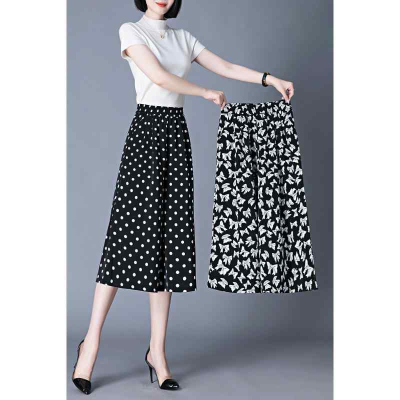 スカート レディース 七分丈 ワイドレッグパンツ サマー 薄手 ミセス ハイウエスト ゴムウエスト リラックスパンツ クローバー柄 ドット柄 ブラック 牡丹柄 水墨画風 ボタニカル柄 XL 2XL 3XL 4XL