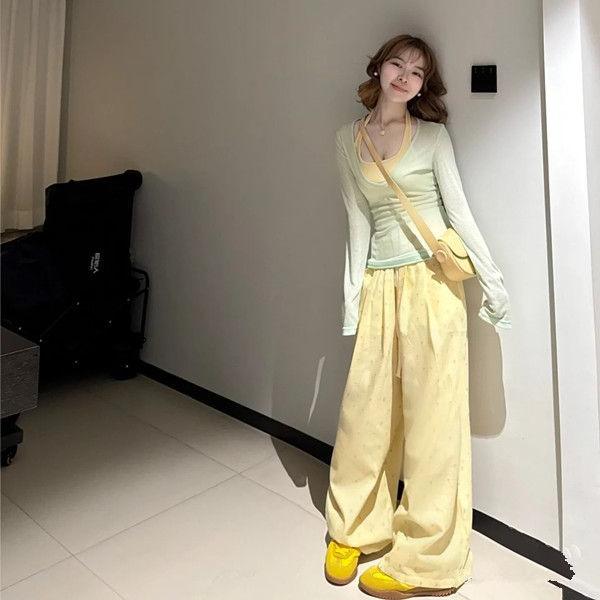 パンツ レディース 春夏 高腰 阔腿 直筒パンツ ポリエステル チェック柄 ドット柄 ドローストリング 休闲 薄手 イエロー ブルー S M L XL XXL