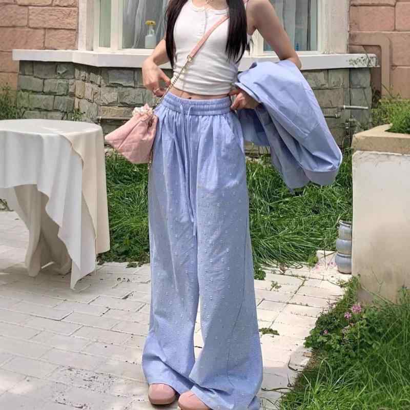 パンツ レディース 春夏 高腰 接触冷感 涼しい 阔腿パンツ ワイドパンツ チェック柄 ドット柄 ストレートパンツ 韓国風 カジュアル 薄手 ポリエステル かわいい リラックス ゆったり S M L XL XXL イエロー ブルー