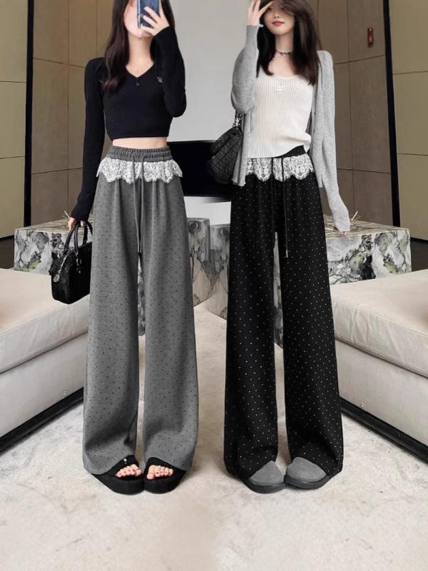 Long Pants - パンツ レディース 運動 阔腿 パンツ 春秋 高見え 高身長 黒 ブラック ドット 水玉模様 レース 切り替え 高見え 垂れ感 ゆったり リラックス ウェア