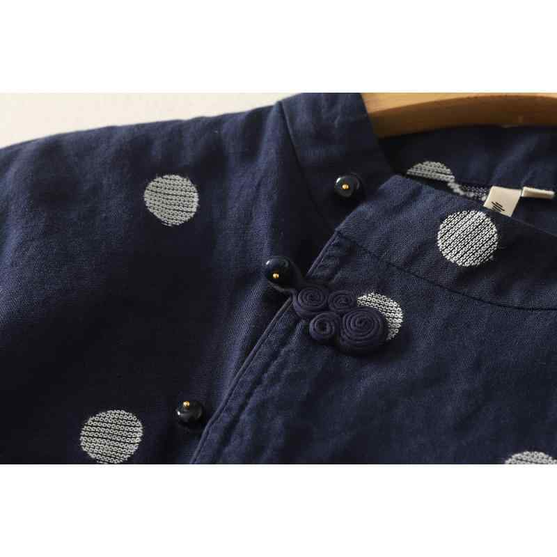 シャツ レディース 春夏 半袖 ブラウス トップス 綿 ドット柄 刺繍 チャイナ風 立襟 茶服 ゆったり ブルー ホワイト M L XL XXL(4.0)