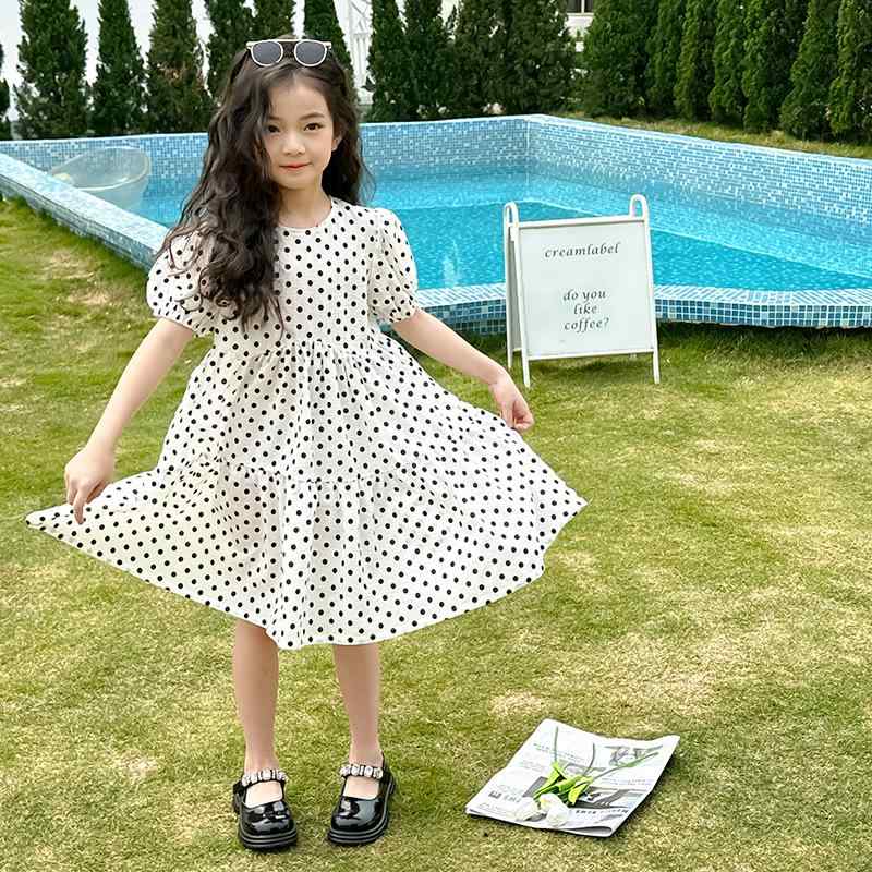 ワンピース 女の子 子供服 コットン 波ドット柄 プリンセス パフスリーブ 膝丈 Aライン フレアスカート 春夏 かわいい 発表会 結婚式 パーティー