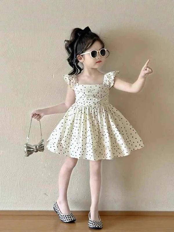 ワンピース 女の子 小さめサイズ 水玉模様 Aライン プリンセススタイル ノースリーブ バックオープンス..