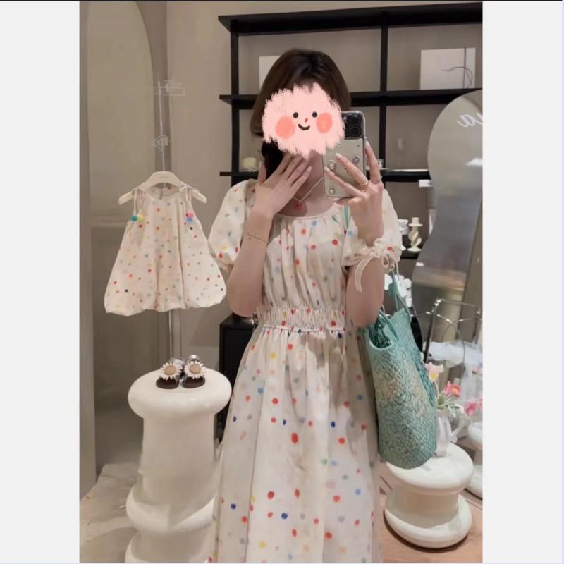 親子服 レディース ガールズ フレンチスタイル 水玉模様 ワンピース ファミリーコーデ 薄手 コットン100 かわいい おしゃれ 春夏