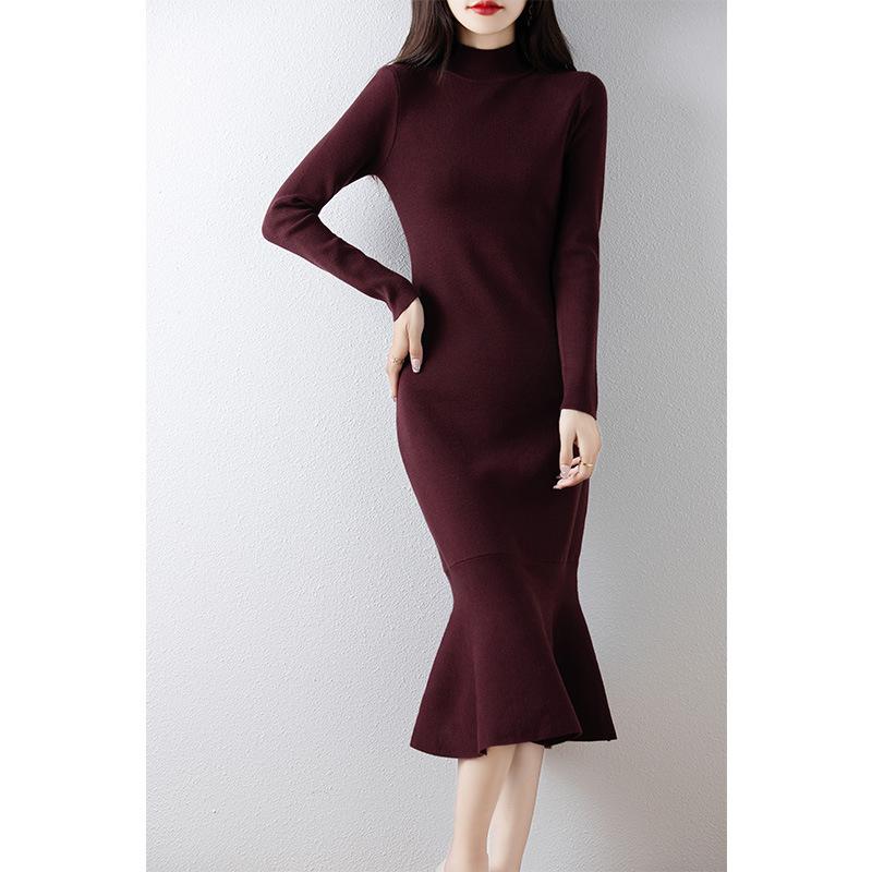 ワンピース レディース 秋冬 ニット 魚の尾スカート 長袖 ハーフハイネック エレガント ミディアム丈 普段使い 通勤 再生繊維