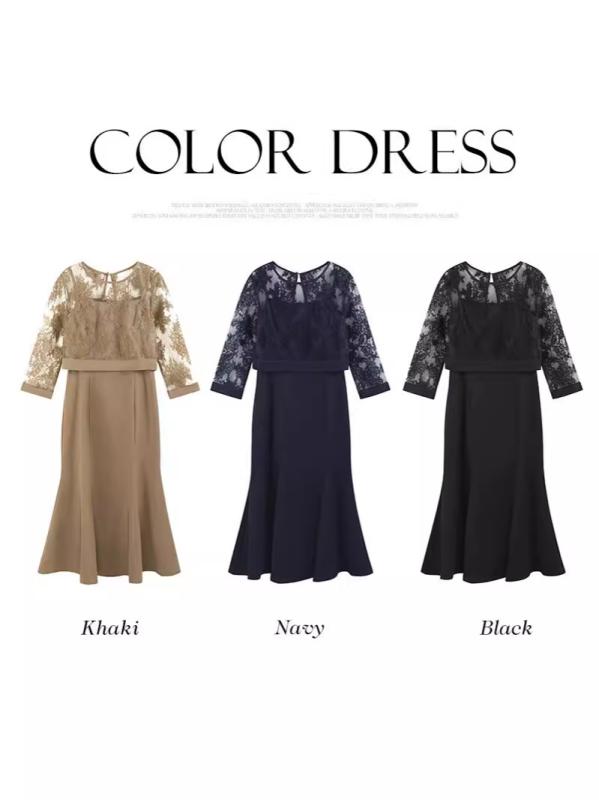 ワンピース レディース レース 切り替え フィッシュテール ミモレ丈 ポリエステル 三醋酯纤维（三醋酸） エレガント 通勤 オフィス きれいめ カーキ ブラック ネイビー