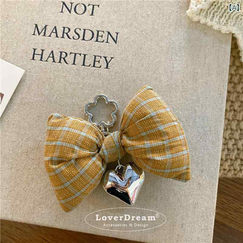 キーホルダー バッグ レディース 愛心 格子柄 リボン かわいい ファッション雑貨 カフェオレカラー