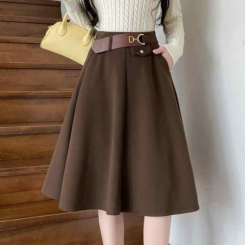 スカート レディース 春秋 毛織 ウエストゴム ミモレ丈 フレア Aライン 傘スカート 黒 コーヒー色 上品 きれいめ 通勤 オフィス shadowtail-10732524 シャドーテール パッケージ画像