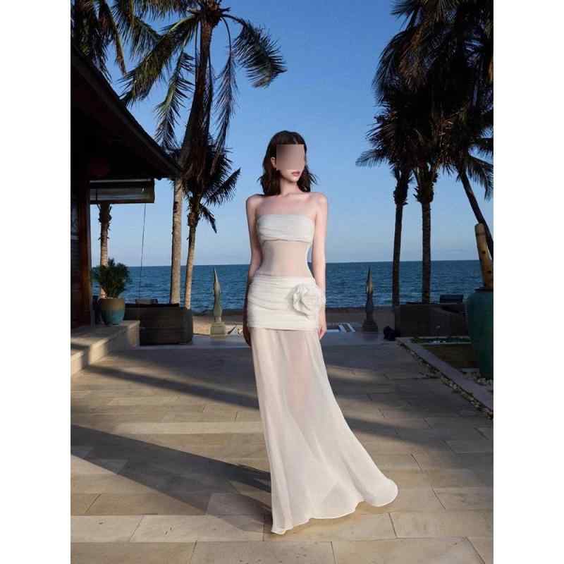 ワンピース レディース 春夏 リゾート ビーチ サマー ドレス 一字肩 チューブトップ スリム タイト セクシー バックオープン ロングワンピース