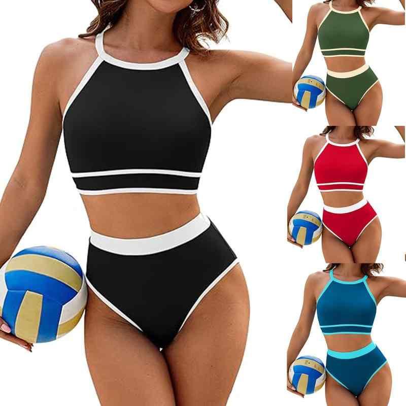 Two-Piece - 水着 レディース ビキニ 上下セット 高見え 無地 スポーティー セパレート 競泳用 海水浴 プール ビーチ リゾート スイミング 大きめ 小さめ ブラック グリーン ブルー レッド S M L XL