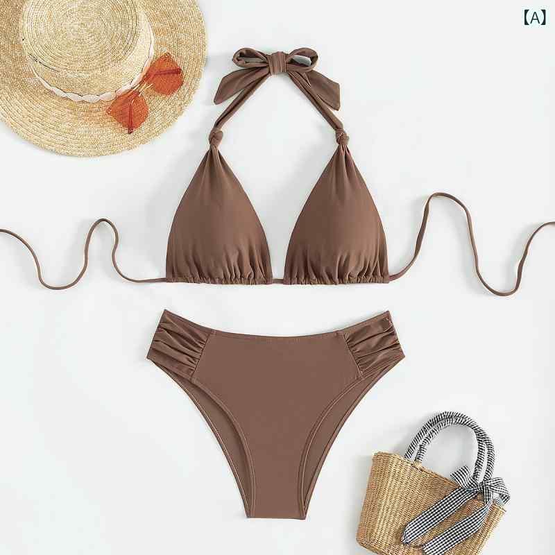 水着 レディース ビキニ 欧米風 無地 三角ビキニ 紐パン ホルターネック セクシー 体系カバー 大人 リゾート ビーチ 海水浴 旅行 ブラック コーヒー色