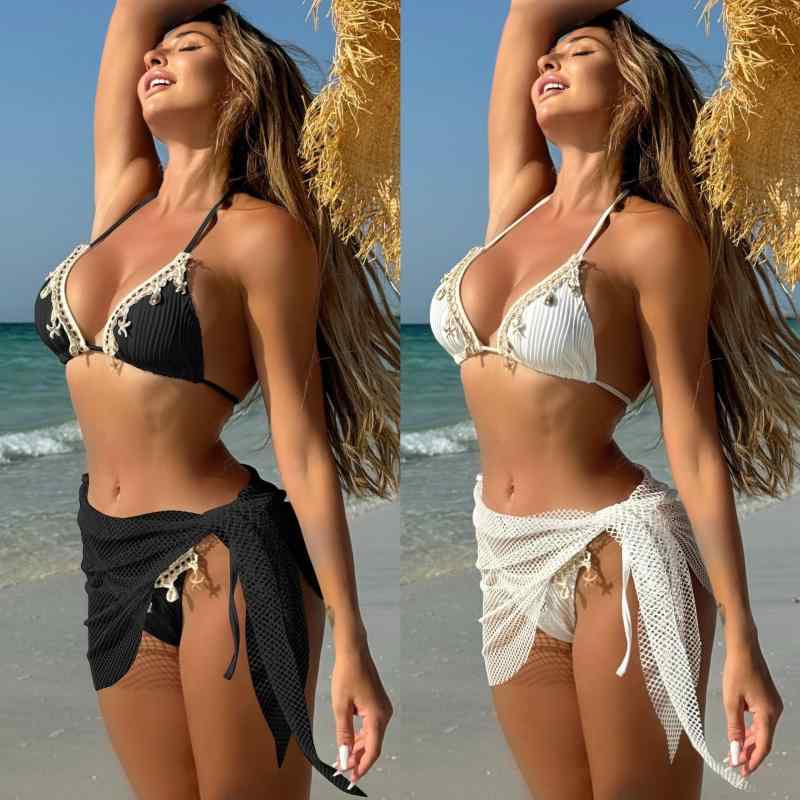 フリンジ｜水着 レディース 3点セット ビキニ セットアップ 杏色 桃色 赤色 黒色 白色 無地 ...