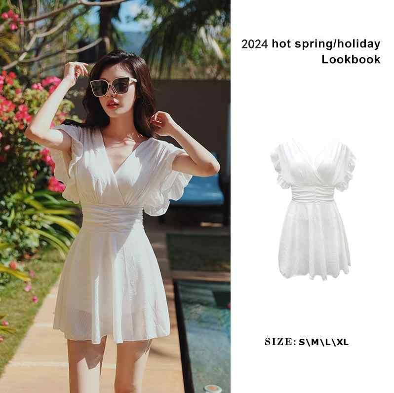 水着 レディース ワンピース水着 高級感 体型カバー 温泉 海水浴 接触冷感 伸縮性 ホワイト