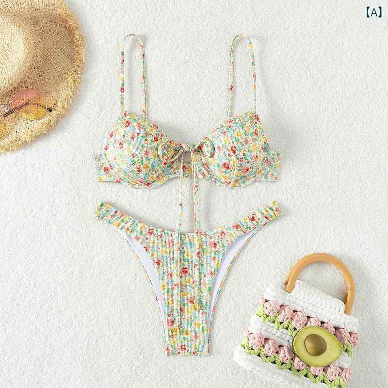 水着 レディース ビキニ セット 小花柄 ビーチ リゾート スイムウェア 三角ビキニ 鋼托 胸パッド付き ヨーロッパ 南米 北米 浅紫 藍黄 桃粉 橙粉 桃橙 ポリエステル