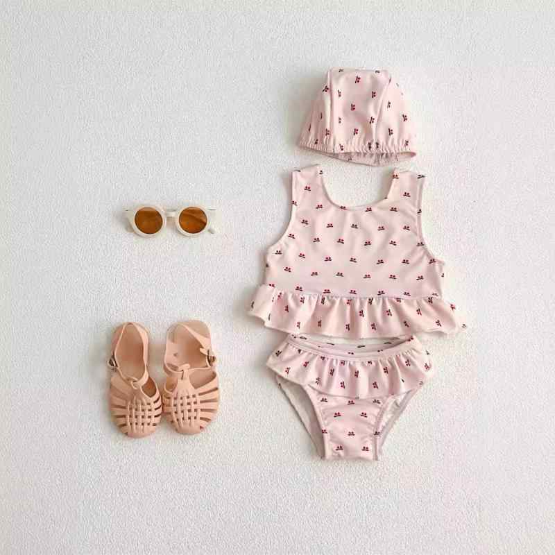 チェリー柄｜水着 子供 女の子 かわいい チェリー柄 スイムウェア 帽子付き セパレート 水泳 プ...