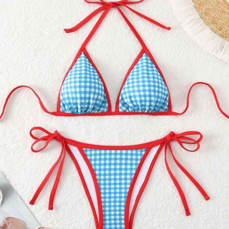 Swimwear - 水着 レディース かわいい 女性用 ビキニ セット 体系カバー 千鳥格子柄 ホルターネック ビーチ 海水浴 旅行 リゾート