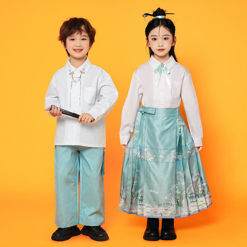 子供用 中国風 ダンス衣装 女の子 馬面裙 小学生 運動会 秋 発表会 合唱団 制服 ポリエステル 白シャツ ブルー スカート パンツ セットアップ フォーマル