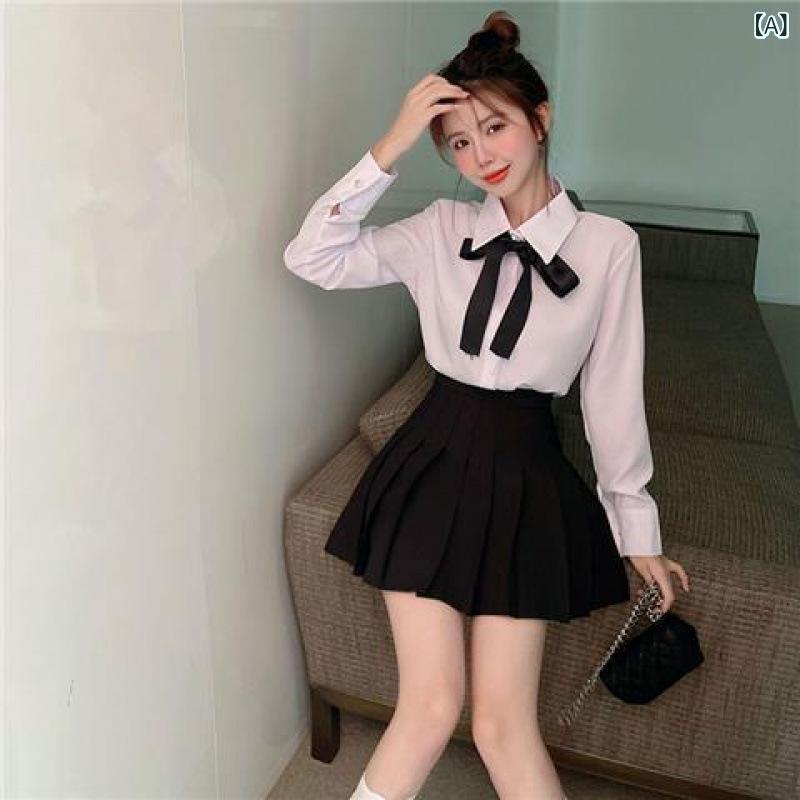制服 レディース 上下セット ブラウス 長袖 蝶結び プリーツスカート 英国風 学生風 かわいい ホワイト ポリエステル