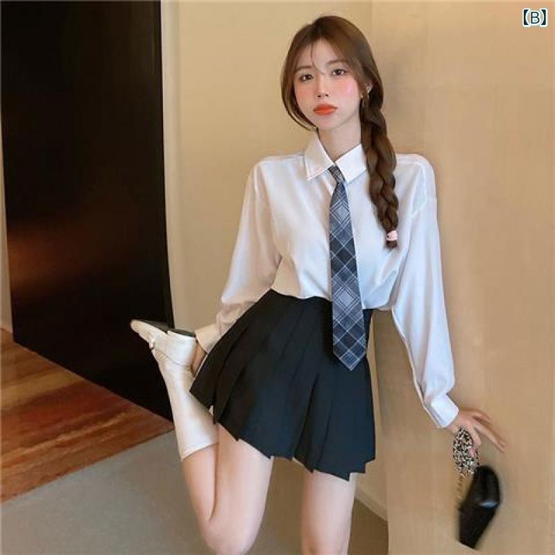 制服 レディース 上下セット ブラウス 長袖 蝶結び プリーツスカート 英国風 学生風 かわいい ホワイト ポリエステル
