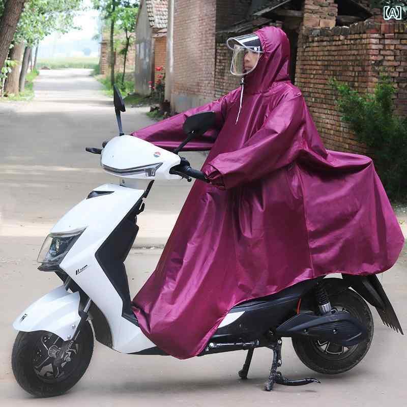 レインコート 男女兼用 自転車用 バイク用 袖付き ロング丈 厚手 防水 防風 二重構造 ファスナー付き つば付き リュック対応 収納袋付き 通勤 通学 アウトドア