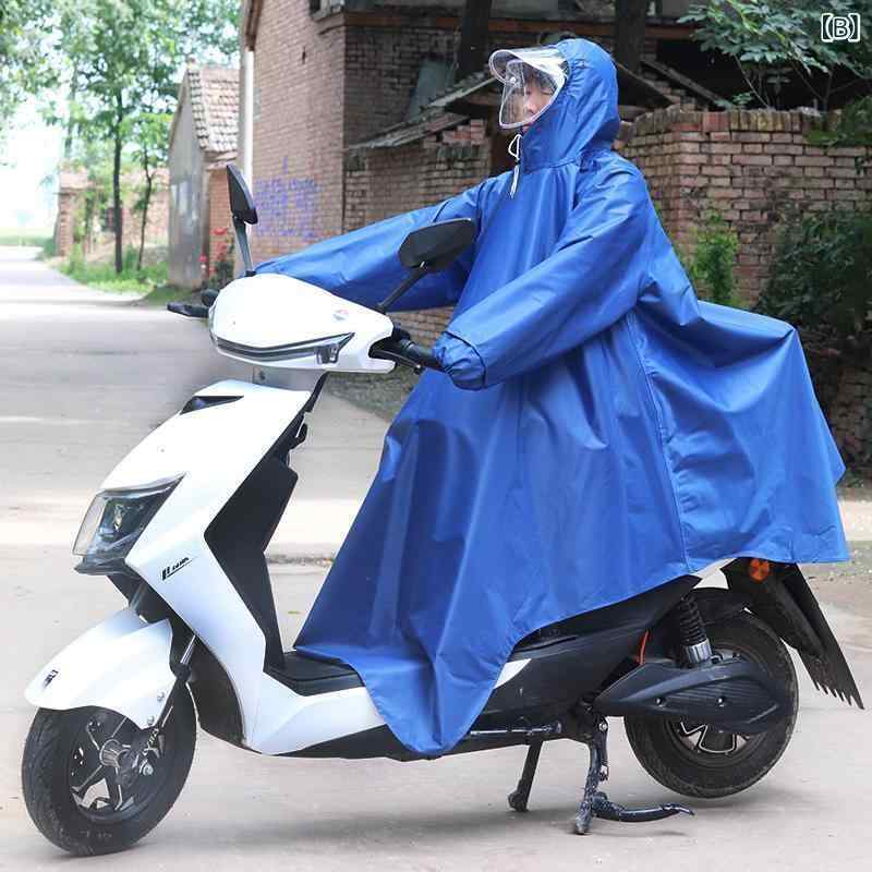 レインコート 男女兼用 自転車用 バイク用 袖付き ロング丈 厚手 防水 防風 二重構造 ファスナー付き つば付き リュック対応 収納袋付き 通勤 通学 アウトドア