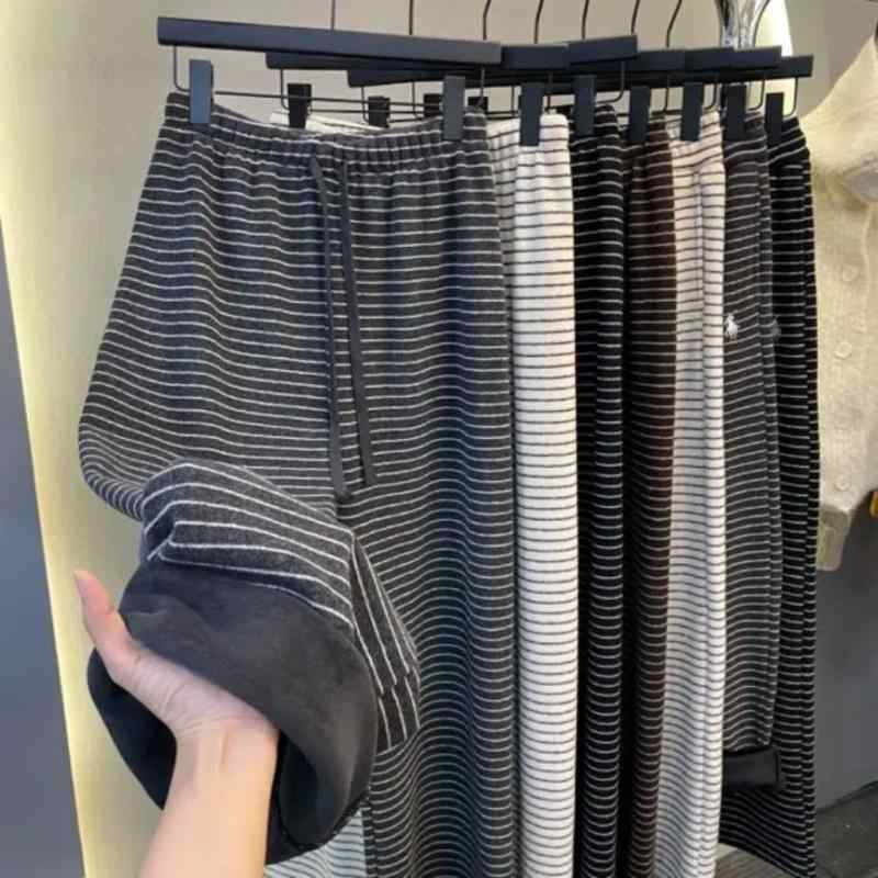 パンツ レディース ストライプ ストレッチ ウエストゴム ワイドレッグパンツ ハイウエスト シェニール ベルボトム スタイル カジュアル 白 黒 灰色 コーヒー色 春