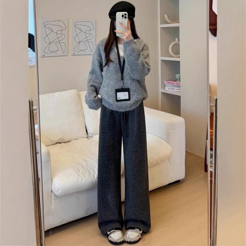 パンツ レディース 秋冬 小柄 高身長 ワイドレッグパンツ 裏起毛 リラックス イージーパンツ ズボン 高見え 韓国風 ファッション 深灰色