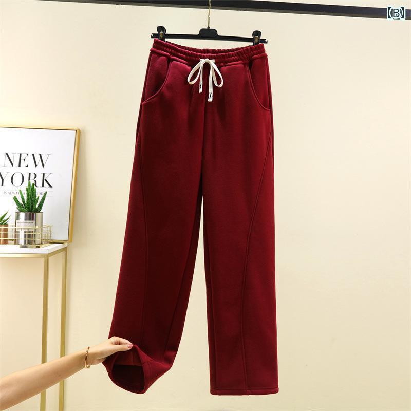 パンツ レディース 秋冬 裏起毛 ワイドレッグ 伸縮性 ウエストゴム リラックス ストレート イージーパンツ ズボン ボトムス カジュアル スポーティー ブラック レッド カーキ コーヒー ミルクホワイト ダークグレー