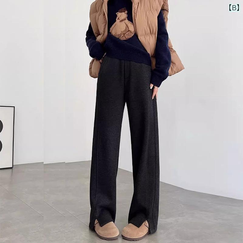 パンツ レディース 秋冬 高見え ワイドレッグパンツ 裏起毛 ポケット付き スリット S M L XL 2XL 3XL 4XL 5XL 黒 ブラック グレー ベージュ ゆったり 高見え 日韓スタイル カジュアル