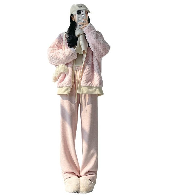 パンツ レディース 裏起毛 タオル地 糯米パンツ 秋冬 高腰 ゆったり ストレート 休闲 阔腿パンツ カー..