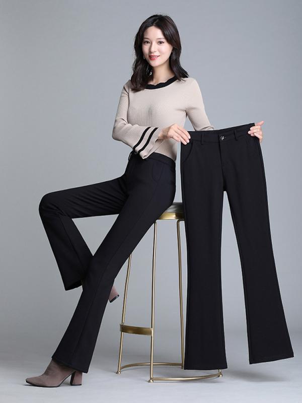 パンツ レディース 春秋 マイクロフレアパンツ ハイウエスト ブラック カジュアルパンツ スラックス ロングパンツ 小柄 韓国風 大きいサイズ ポリエステル 粘纤 ポケット 微弾性 通勤 オフィス スタイル 气质优雅 黒