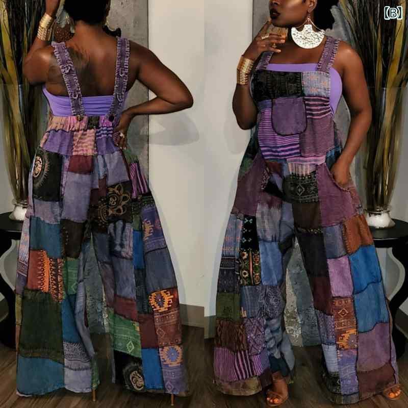 レディース 背带裤 连体裤 欧美風 街头 潮人 印花 波西米亚 涤纶 宽松 裤 绿色 紫色 藍色 M L XL XXL XXXL S 休闲裤