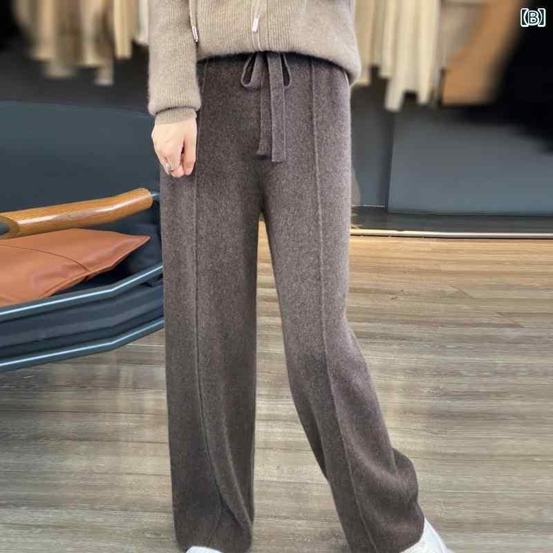 パンツ レディース 秋冬 厚手 ワイドレッグパンツ 高 Elastic ウール混紡 ストレート ゆったり カジュアル ドレープ モカ ベージュ キャメル ブラック