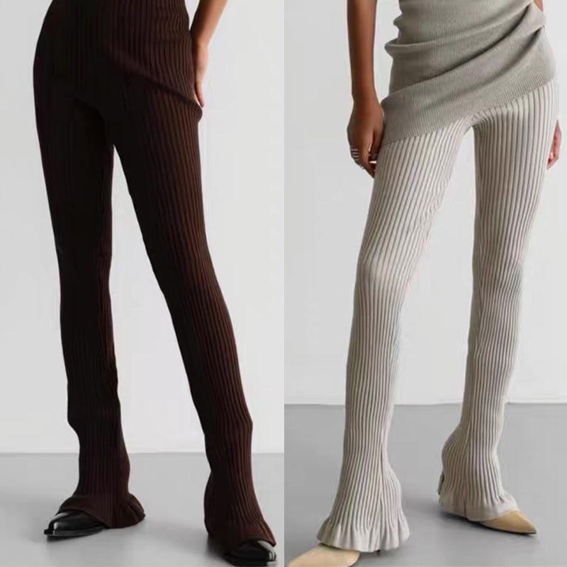 パンツ レディース 秋冬 ニットパンツ ブーツカットパンツ 伸縮性 ハイウエスト 美脚 スタイルアップ カジュアル 普段使い ブラック 黒 ブラウン 茶色 アイボリー オフホワイト グレー ポリエステル