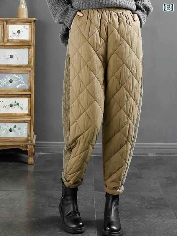 パンツ レディース 秋冬 防風 暖かい ハーレムパンツ カジュアルパンツ コーデュロイ キルティング 黒 ベージュ コーヒー M L XL 2XL 3XL 4XL