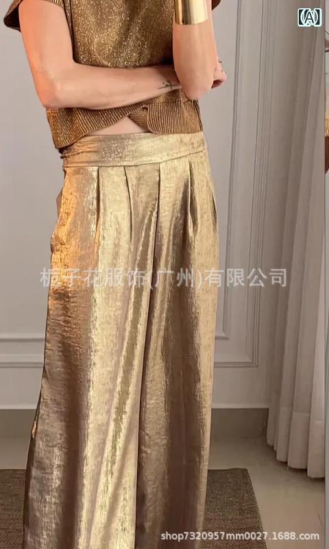 セットアップ レディース 春夏 ワイドレッグパンツ ゆったり ポリエステル テーパードパンツ スラックス 無地 キレイめ 高見え カジュアル 韓国ファッション カーキ グレー グリーン ブラック S M L XL XXL XXXL