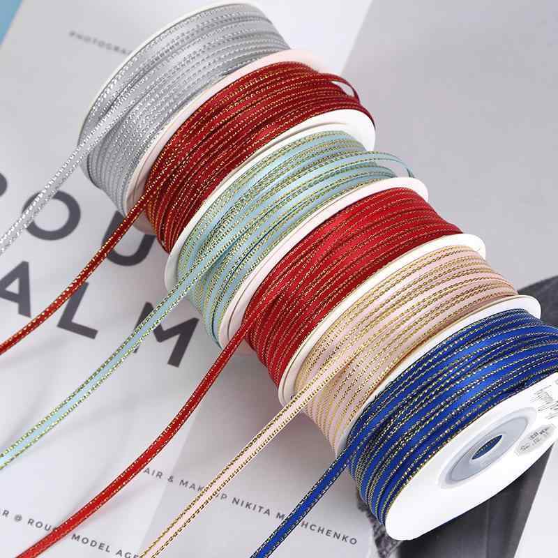リボン 3mm ギフトラッピング 包装用 織りリボン DIY 手芸 金縁 サテンリボン 装飾 本白 漂白 シルバー..