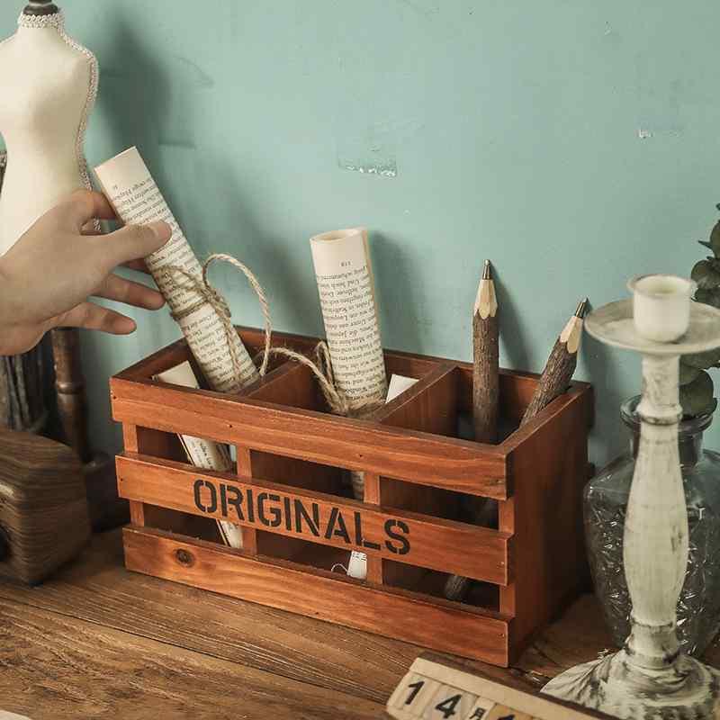 ペン立て 木製 デスク 卓上収納 文具収納 化粧ブラシホルダー 小物入れ レトロ アンティーク調 学習用..