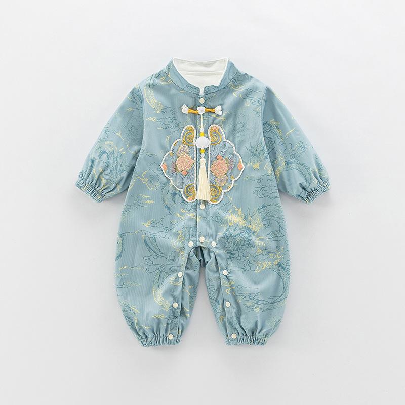 ベビー服 ロンパース 新生児 男の子 中国風 カバーオール 春秋 長袖 ポリエステル 孔雀ブルー 66cm 73c..